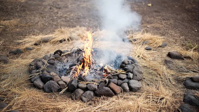 Smoldering ceremonial fire pit surrounded by stones and white smoke, sacred fire ritual, traditional cultural heritage, spiritual remembrance, funeral ceremony, glowing embers,