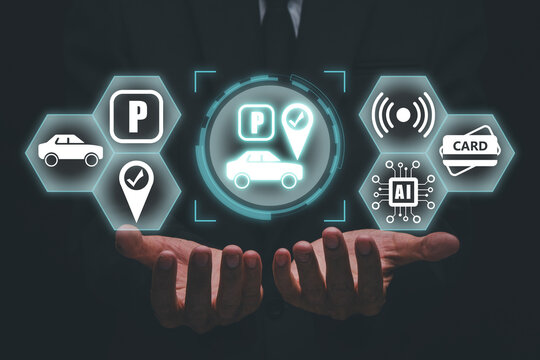 Innovative SMART Parking Management System with Digital Interface and Technology Icons for Efficient Urban Mobility Solutions