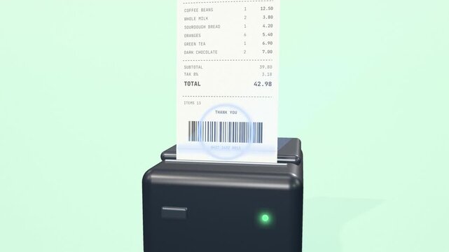 Receipt printer printing a shopping receipt that is scanned and marked paid with a green 3D checkmark