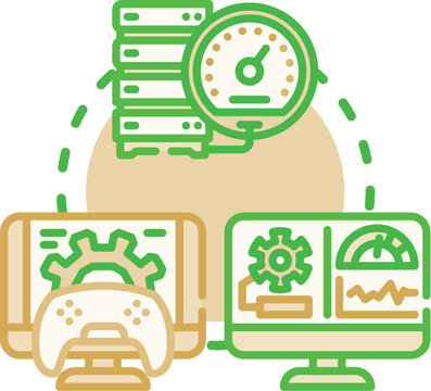 Computing performance evaluation concept. Capacity optimization, benchmarking load, analysis metrics icon vector illustration