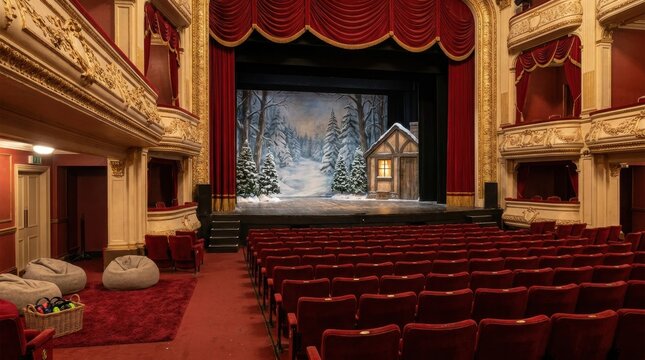 Empty ornate theatre facing snowy cabin stage set with bean bags
