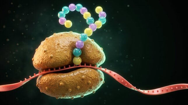 Ribosome translates mRNA ribbon into colorful amino acid chain