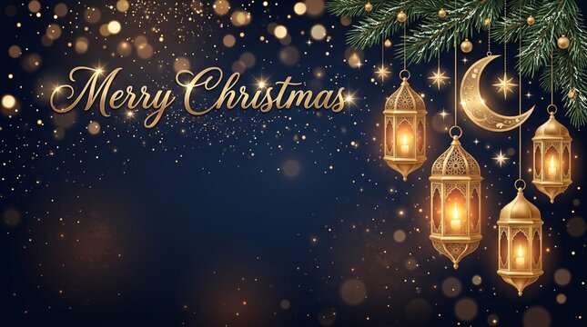 Merry Christmas Typography Banner with Arabic Hanging Lanterns, Crescent Moon, and Pine Branches