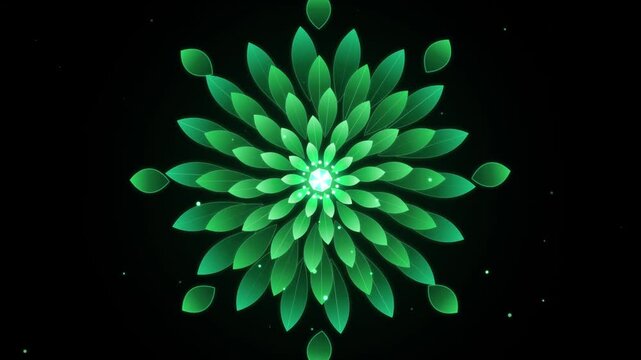 Green Floral Pattern Rotating Against Black Background with Subtle Dust Particles