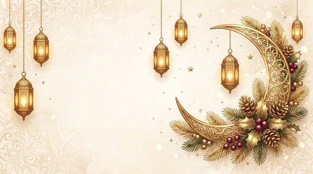 Elegant Light Beige Ramadan and Christmas Background with Golden Crescent Moon, Lanterns, and Pine Cone Wreath