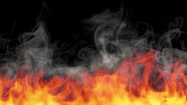 Fire overlay igniting at the bottom edge and spreading into a wall of flames with rising smoke on black