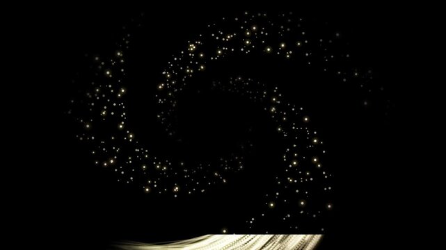 Golden dust particles swirl in a luminous vortex during a dark atmospheric cinematic sequence