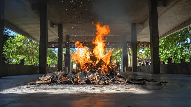 Traditional ceremonial fire burning on a concrete platform beneath an open pavilion, sacred flame, cultural ritual, spiritual remembrance, funeral customs, heritage ceremony