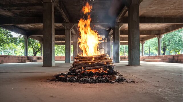 Traditional ceremonial fire burning on a concrete platform beneath an open pavilion, sacred flame, cultural ritual, spiritual remembrance, funeral customs, heritage ceremony,