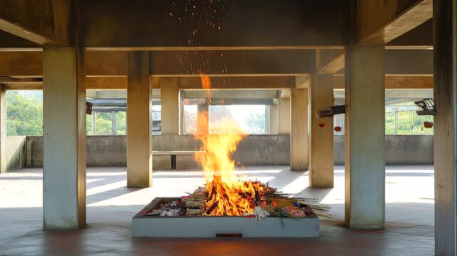 Traditional open-air ceremonial fire burning beneath a concrete pavilion, cultural ritual, spiritual farewell, remembrance ceremony, sacred flames, funeral traditions, cultural heritage