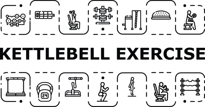 Kettlebell exercise banner infographic. Snatch balance, swing routine, workout press icon vector illustration