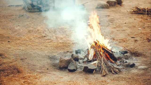 Traditional outdoor ceremonial fire with smoke rising from a rural ritual site, cultural heritage, sacred flame, spiritual remembrance, funeral customs, traditional ceremony, peacef