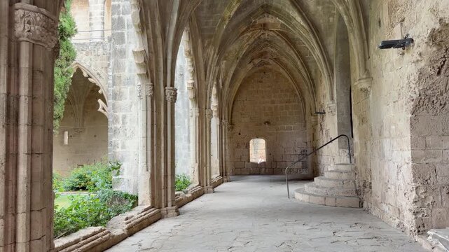 Kyrenia, Cyprus - October 3, 2026 Bellapais Abbey cloister frames quiet stone walkway beneath ribbed Gothic vaults. Abbaye de la Paix opens onto garden with tree, flowers and small staircase.