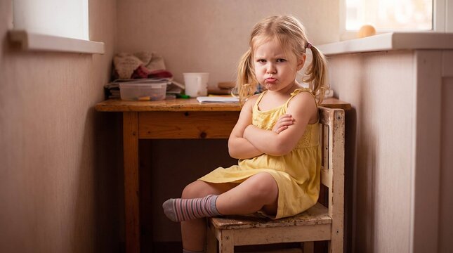 Grumpy Little Girl Sulking With Arms Crossed and Pouting Lip on Small Wooden Chair, Toddler Tantrum