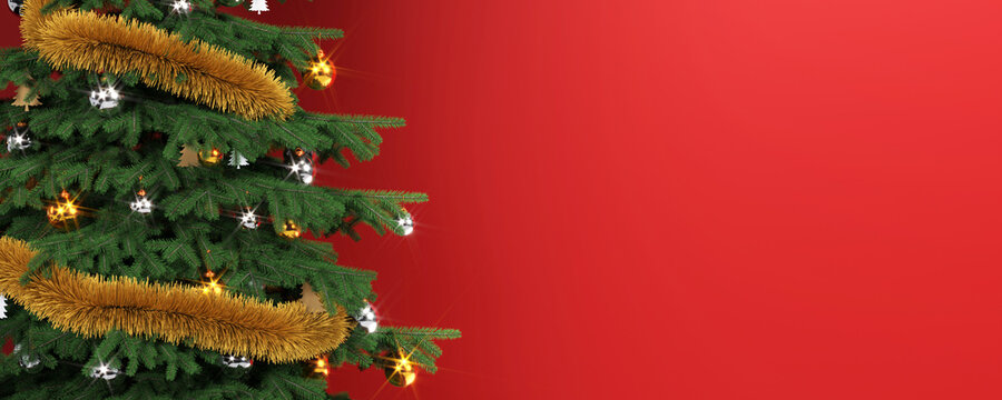 Decorated Christmas Tree with Lights and Golden Tinsel Banner on Red Background