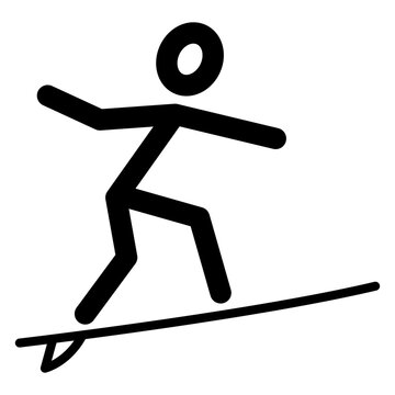 Vacaciones en la playa. Logo club de surf. Icono con dibujo sencillo con l&iacute;neas de un hombre subido en una tabla de surf