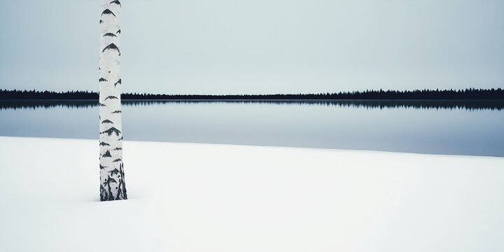 Vista panoramica minimalista di paesaggio invernale con lago e tronco di una betulla su una superficie innevata
