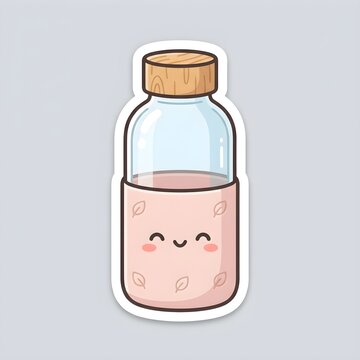 Design an original kawaii glass water bottle sticker, one elegant transparent borosilicate-style glass bottle with a rounded rectangular silhouette, natural bamboo screw cap, pale blush pink silicone 