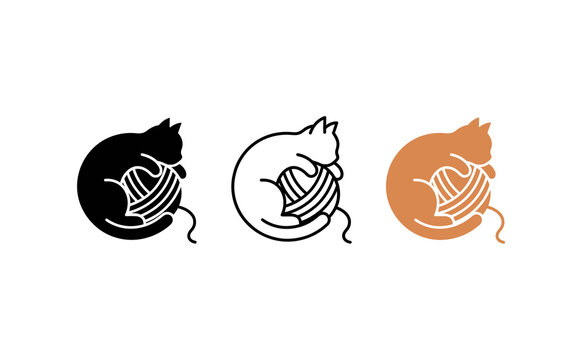 Minimalist cat icons playing with yarn ball, set of 3 feline silhouette logos, modern pet shop branding elements, ginger and black kitten graphics