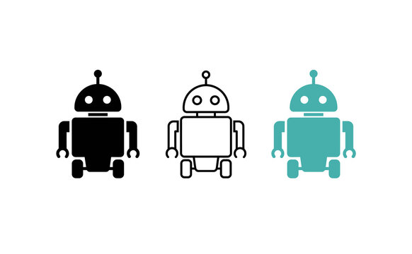 Minimalist robot icon set, futuristic chatbot character in black and teal, 3 vector style robot symbols for technology and AI