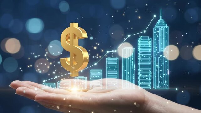 Hand holding a glowing golden dollar sign with city skyline and financial growth chart graphics for business investment and economic success