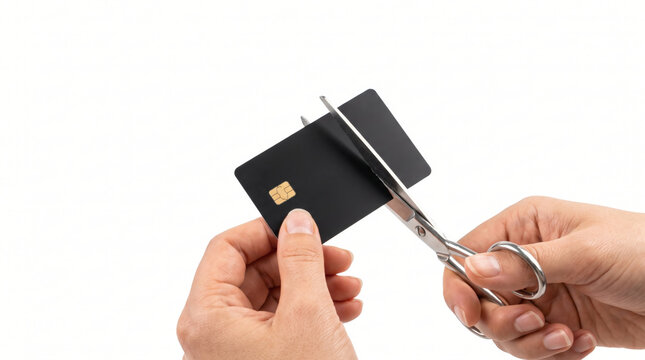 Black card cut with scissors beside credit card, expressing financial cancellation. Finance crisis recession problem. bankruptcy bankrupt destroy loss, debt loan pay spending poverty
