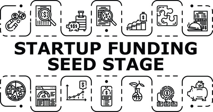 Startup funding seed stage banner infographic. Bootstrap venture, dilution angel, runway pitch icon vector illustration