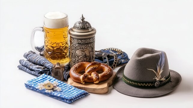 Traditional Bavarian Oktoberfest celebration with beer mug, stein, pretzel, and alpine hat on white