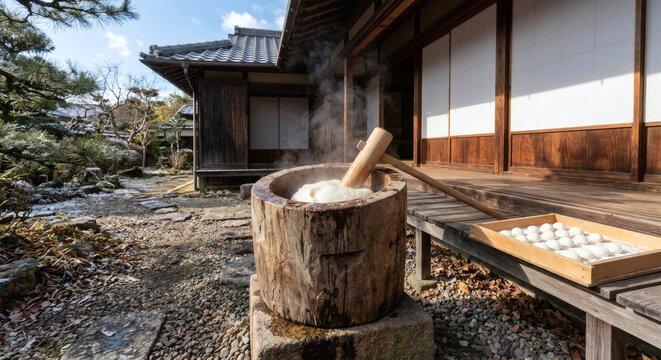 Traditional Japanese mochitsuki with wooden usu mortar and kine mallet in a winter courtyard