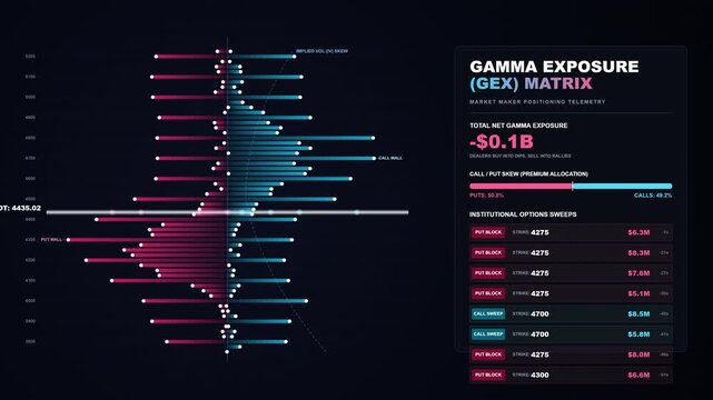 Gamma exposure gex matrix stock market financial dashboard animation for options trading analysis and quantitative finance data visualization on dark background