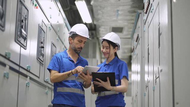 Male, female engineers discuss information on digital tablet while standing between electrical control panels in hospital facility. Technical teamwork, power system maintenance, equipment inspection.