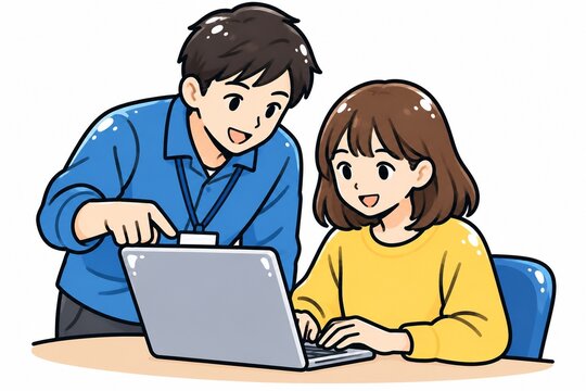 男性が女性にノートパソコンの使い方を丁寧に指導するビジネスシーンのイラスト
