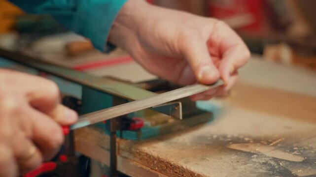 Close-up of skilled hands using a metal file to shape and smooth a metal piece clamped in a vise. Authentic metalworking footage for industrial, craft and maker projects