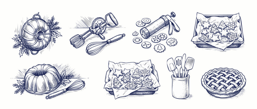 Christmas baking utensils vintage engraving set featuring bundt cake pan, cookie press, whisk, hand mixer, lattice pie, spatulas, and holiday cookies for festive kitchen recipe art background design.