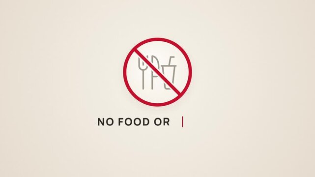 Fork, knife and drink cup line icons crossed out on a beige no food or drinks sign with typed text
