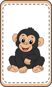 Cute cartoon monkey character, smiling baby chimpanzee sitting, educational animal flashcard for kids, flat vector illustration