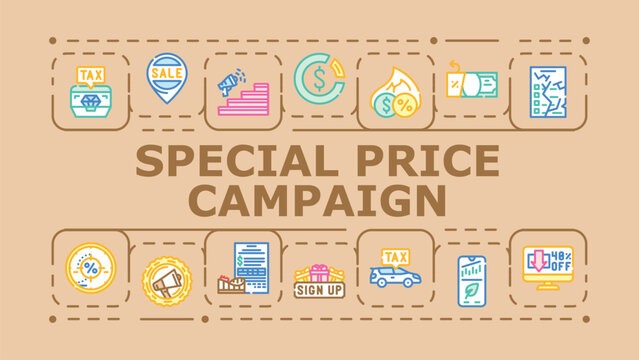 Special price campaign banner infographic. Value reduction, limited sale, coupon markdown icon vector illustration