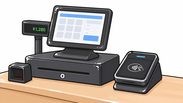小売店のレジに設置されたPOSシステムと非接触決済端末のイラスト
