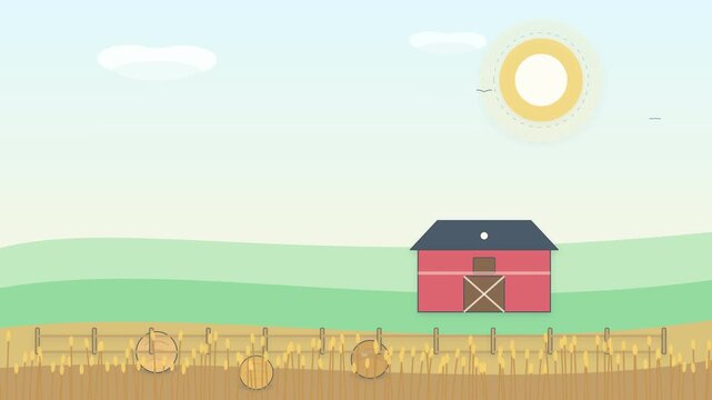 Papercut style rural scenery loop with red barn, agriculture field, rolling hills, and warm sun. Animated farm background in paper craft aesthetic with wheat