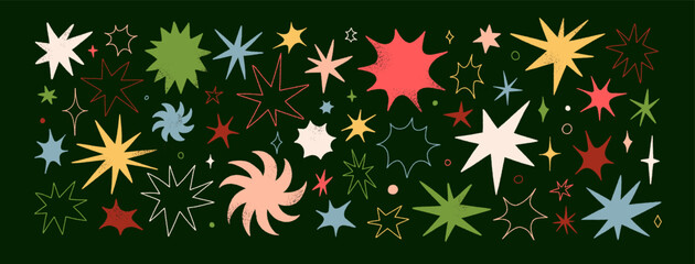 Obraz na płótnie Canvas Doodle star elements, vector spark shapes. Sparkle icons, stickers. Star and spark figures, irregular twinkle shapes, cute design elements in color. Christmas magic sparks. Doodle vector illustrations