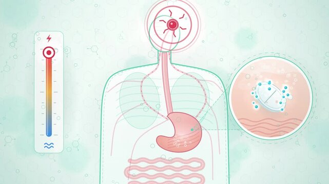 Tablet dissolving in the stomach and active particles relieving headache pain, flat medical diagram 4K animation