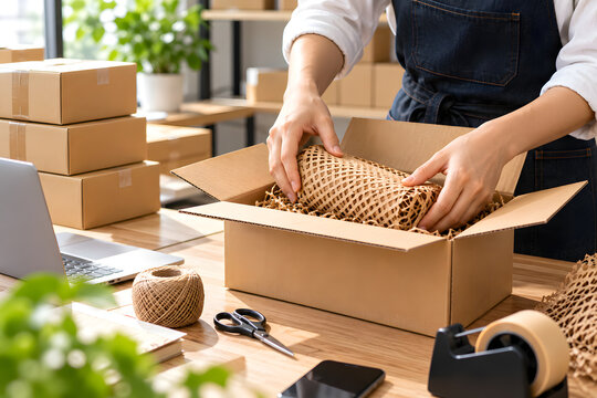 Small Business Owner Packing Online Orders with Protective Paper