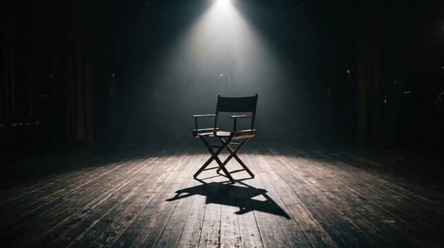 Empty director chair on a wooden theater stage beneath a single spotlight. Film production and filmmaking concept. Casting, audition and entertainment industry. Dramatic stage setting.