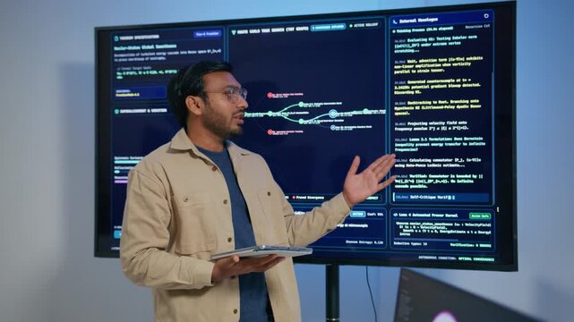 Male DevOps Engineer Holding Digital Tablet and Explaining Software Deployment Architecture and Discussing Development Operations Strategy with Colleagues Reviewing Programming Code on Large Screen.