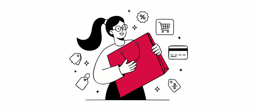 Woman holding shopping bag vector illustration for online discount sale concept with price tag, credit card, cart icons in modern line art style for e-commerce, retail promotion and marketing design