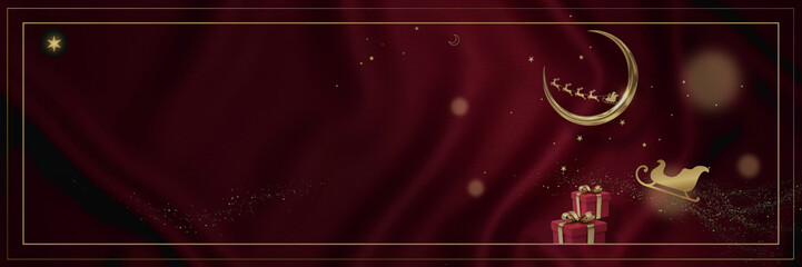 Luxurious burgundy red satin background with red gift boxes & golden ribbon bows, large gold crescent moon with Santa sleigh and reindeer, gold sleigh with glitter trail, stars, double gold frame, ban © ale studio 
