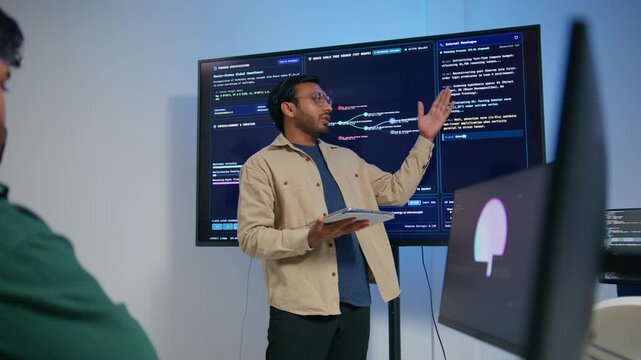 Professional Indian Software Engineer Presenting and Explaining Software Deployment Generative Artificial Intelligence Application Development to Colleagues During Professional Technical Meeting.