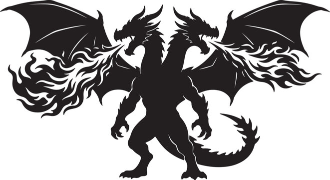Terrifying Two-Headed Dragon Breathing Fire Solid Vector Silhouette Icon