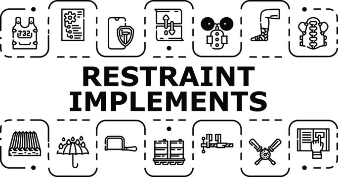 Restraint implements banner infographic. Strap stall, shackle gate, pen tether icon vector illustration