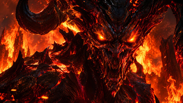 Hellish Demon Creature Illustration with Blazing Eyes, Terrifying Close Up Portrait Against a Fiery Background, Evil Monster, Supernatural Horror, Dark Fantasy Art and Infernal Character Design